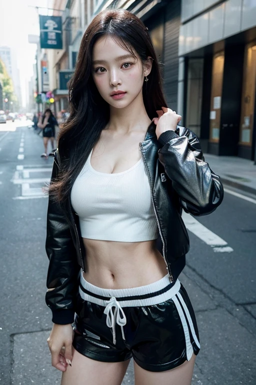 ((Top Quality, 8K, Masterpiece: 1.3)), Focus: 1.2, Perfect Beauty: 1.4, Slim Abs: 1.2, (Layered Hairstyle, Large: 1.2)), (Wet: 1.1), (Rain, Street: 1.3), Wet: 1.1, Highly Detailed Face and Skin Texture, Narrow Eyes, Double Eyelids, Sports Lingerie, White Yoga Pants, Front