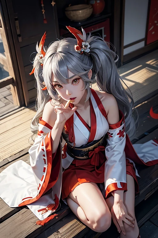 1 girl、Cute red and white shrine maiden costume, long gray hair, twin tails and bangs, Japan Traditional Hair Ornaments, cleavage, Shrine under the full moon night sky, sitting, white thigh high stockings, Lotus pond, Cherry Blossom、smile、5 fingers on hand