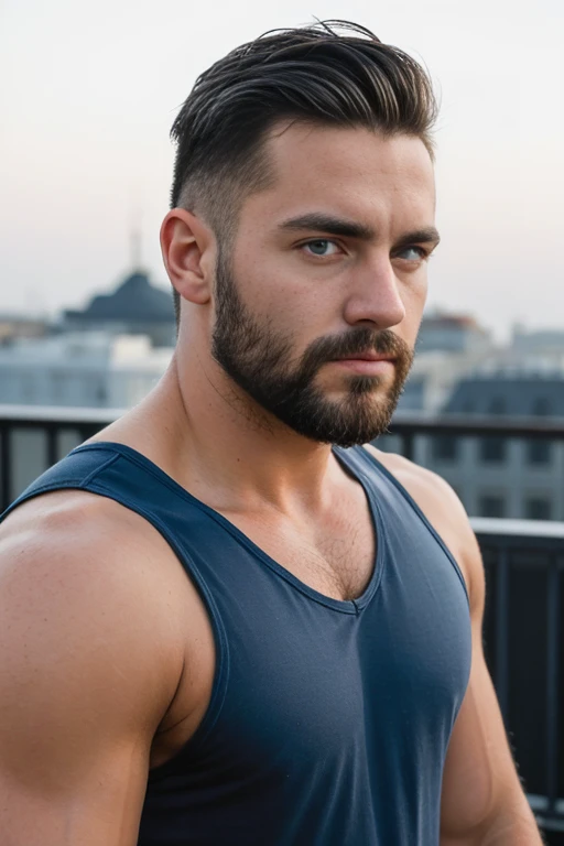 1man, 
a 30 y.o muscular male, small beard, gloomy eyes, blue eyes, undercut haircut, concentrated expression, wearing a tank top, in a roof top
soft lighting, 
masterpiece, best quality, 8k uhd, dslr, film grain, Fujifilm XT3 photorealistic painting art by midjourney and greg rutkowski