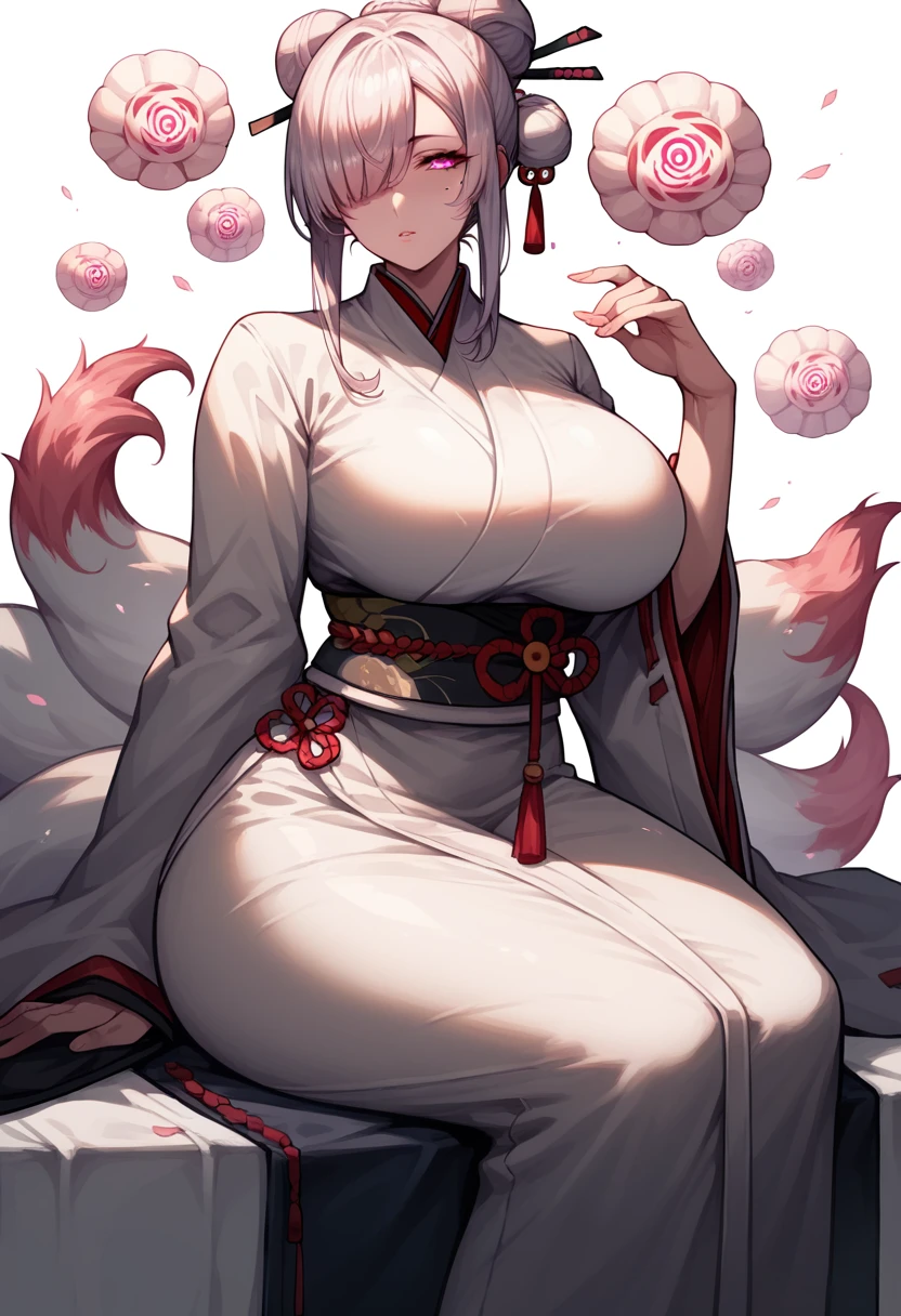 masterpiece, best quality, very aesthetic, absurdres, 1girl, mature_lady, ,,ahri(league_of_legends), 1girl, kitsune, kyuubi, deep purple hair,deep purple fox ears, long_hair,brown_eyes ,facial mark, whisker markings,white fox tail,kyuubi, large_breasts, long sleeves, magic, white multiple tails, off shoulder, sharp fingernails,(red_and_white_dress:1.2),,in hot spring,Onsen,floating_hair,covered_nipples