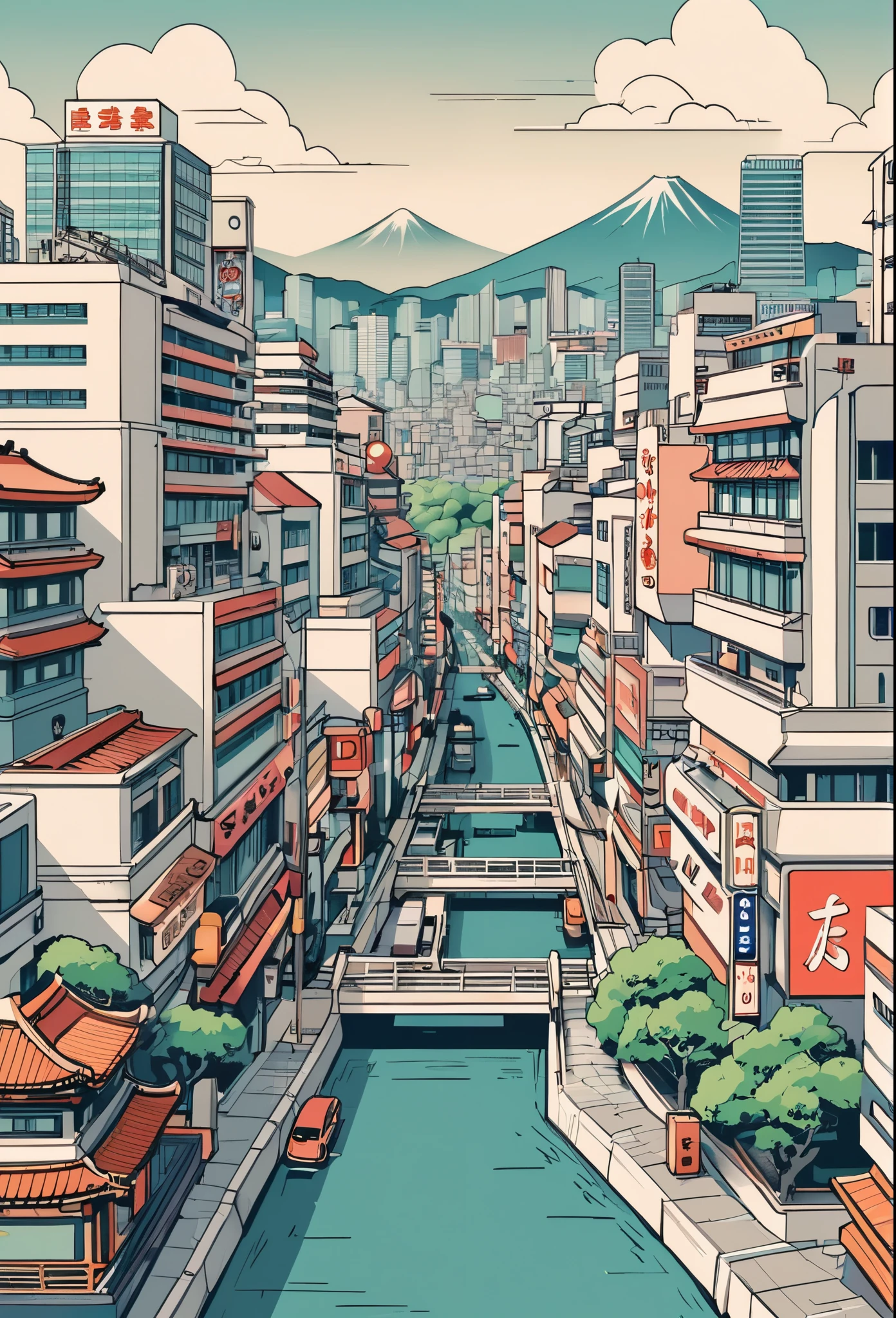 Vector Art, Flattening, smooth line art, Minimalism, graphic design aesthetics, flat illustration, retro Japanese city view (masterpiece, best quality, perfect composition, very aesthetic, absurdres, ultra-detailed, intricate details, Professional, official art, Representative work:1.3)