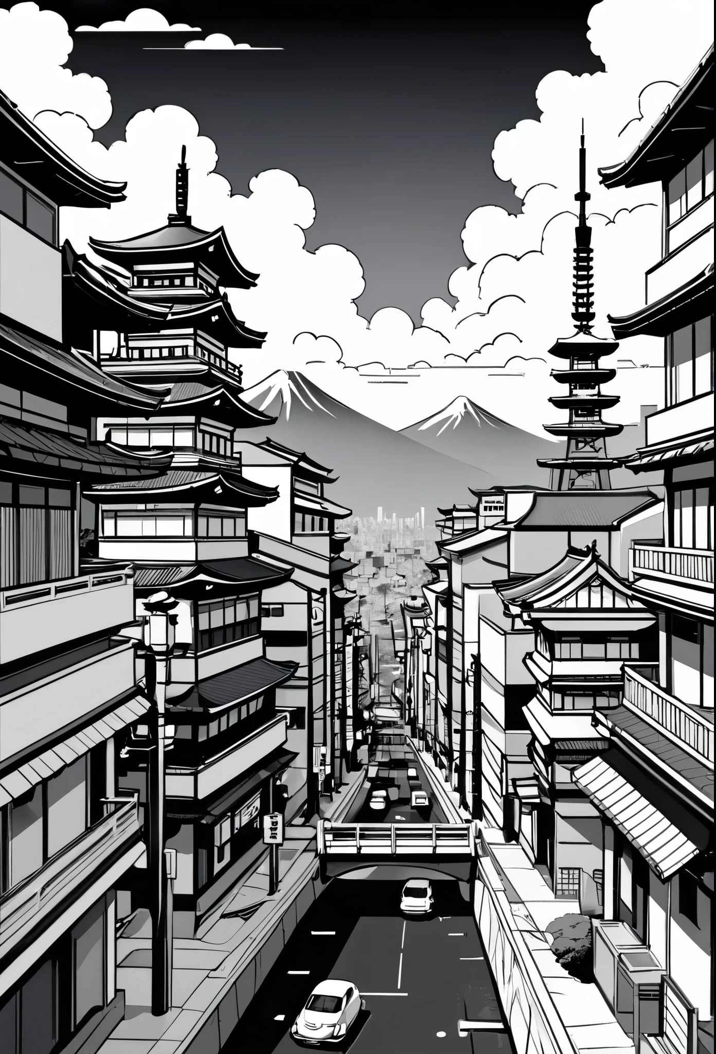 Vector Art, Flattening, smooth line art, Minimalism, graphic design aesthetics, flat illustration, retro japanese city view in black and white (masterpiece, best quality, perfect composition, very aesthetic, absurdres, ultra-detailed, intricate details, Professional, official art, Representative work:1.3)