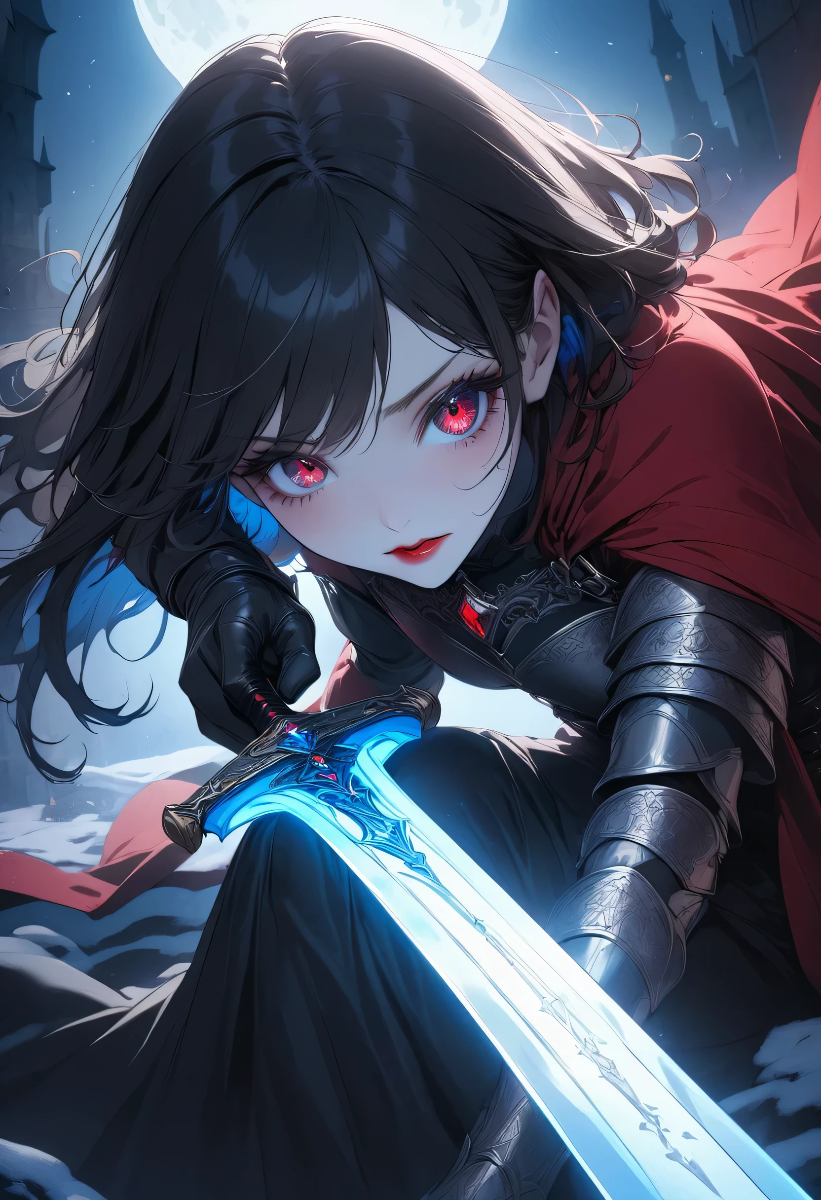 (full body portrait), 1girl, solo, holding weapon, sword, (long black hair), detailed face, mischief expression, pale white skin, red eyes, (detailed eyes), long eyelashes, black eye liner, red lipstick, black tunic, red cloak, long dress, leather glove, (chest armor), moonlight, hard lighting, blue light, cold light, (medieval theme), (masterpiece), super detailed, best quality, POV, dw01-3400