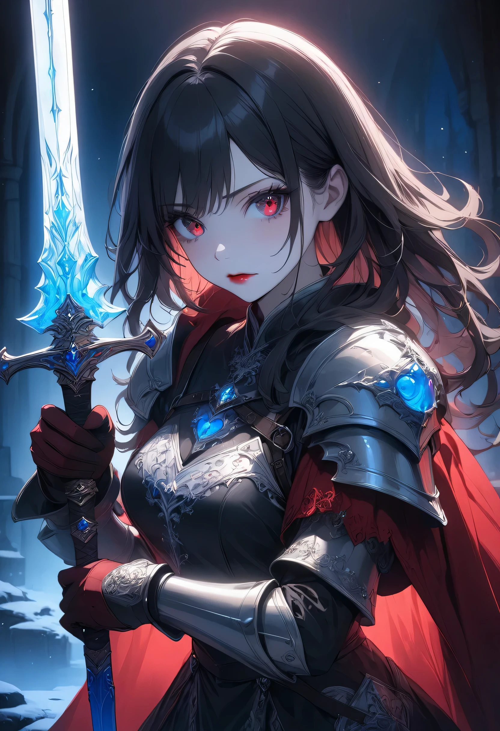 (full body portrait), 1girl, solo, holding weapon, sword, (long black hair), detailed face, mischief expression, pale white skin, red eyes, (detailed eyes), long eyelashes, black eye liner, red lipstick, black tunic, red cloak, long dress, leather glove, (chest armor), moonlight, hard lighting, blue light, cold light, (medieval theme), (masterpiece), super detailed, best quality, POV, dw01-3400