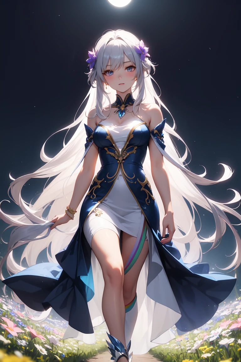 Beautiful and magical elemental spirit girl with long flowing hair, ethereal spiritual dress, walking through a field of crystal flowers as dark rainbow moonlight makes the flower glow with a luminous light