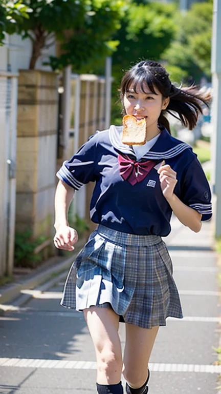 ((最High image quality、8k、masterpiece:1.3))、Realistic, Sharp focus, High image quality, High resolution, 1 person、Japanese、woman, beautiful woman,((high school uniform)) 、((Short-sleeved sailor uniform))、((Light blue plaid pleated skirt))、(Red school ribbon), Medium long hair、Large Breasts,White shoes、 Running towards me down the hallways of a Japanese high school、((Full speed)),（((With bread in his mouth)))、behind time