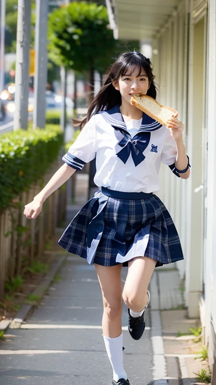 ((最High image quality、8k、masterpiece:1.3))、Realistic, Sharp focus, High image quality, High resolution, 1 person、Japanese、woman, beautiful woman,((high school uniform)) 、((Short-sleeved sailor uniform))、((Light blue plaid pleated skirt))、(Red school ribbon), Medium long hair、Large Breasts,White shoes、 Running towards me down the hallways of a Japanese high school、((Full speed)),（((With bread in his mouth)))、behind time