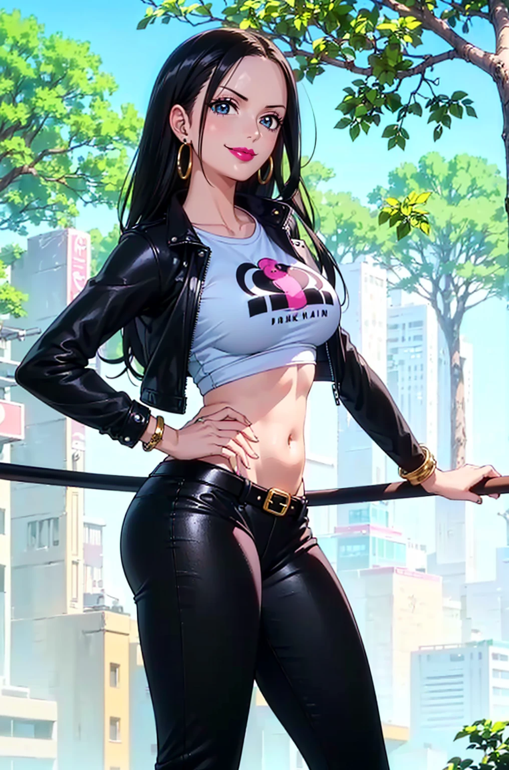 ((1girl, solo ,alone, long hair, black clothes, pink lipstick, Nico Robin, woman, (one piece) , dynamic pose,fitness, gold bracelets, ruby earrings)), ((solo, 1woman, pink lipstick, Extremely detailed, ambient soft lighting, 4k, perfect eyes, a perfect face, perfect lighting, a 1girl)), austere,  ((fitness,, shapely body, athletic body, toned body)), (( biker woman, rocker woman, punk woman, black jacket, leather jacket, black pants, leather pants, belt, park, square, trees, buildings, sunny day, smug, smug smile ))