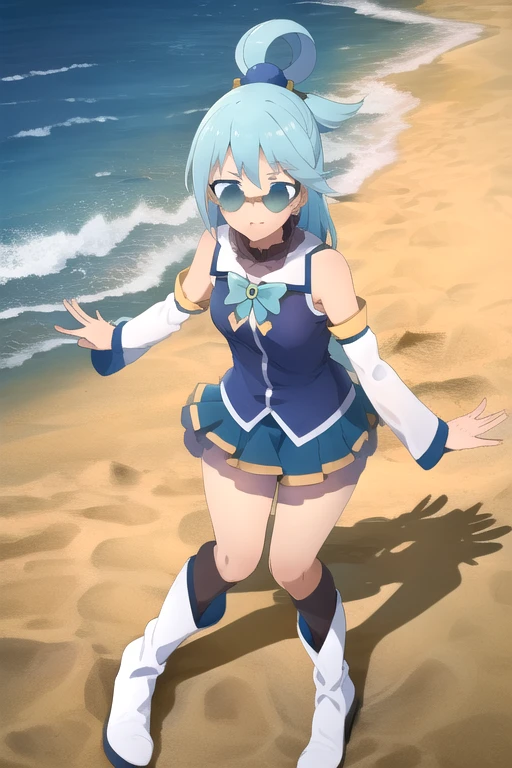 masterpiece, 最high quality, high quality  ,  Aqua Knsb-KJ , skirt , Knee high socks, Removable sleeves, high-top boots, bow ,  Sal Bay Meme , (little:1.2) , (sand:1.1) , sunglasses , beach background , sandのお城