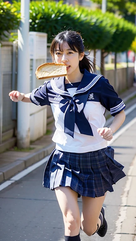 One Woman, (Beautiful woman, delicate :1.3), Black Hair, (bob cur:1.4), bangs, 8k, Highest quality, masterpiece, Very detailed, Ultra-high resolution, Realistic, RAW Photos, Absolute Resolution, Black Hair, (sky blue color sailor uniform:1.4), (sky blue color pleated skirt:1.4), (Realistic junior high school student:1.4), (White headband:1.5), Small breasts, expensive, Bright Blue Eyes, (In front of the school gate), smile, (standing pose:1.4), (one school bag on shoulder:1.4), (long skirt:1.4), slender female body, (Blur the background:1.4), (looking at the camera:1.4), (glossy hair), (take a piece of bread in one's mouth:1.4), (sprinting while eating bread:1.4), (sprinting pose:1.4), (short sleeves:1.4),