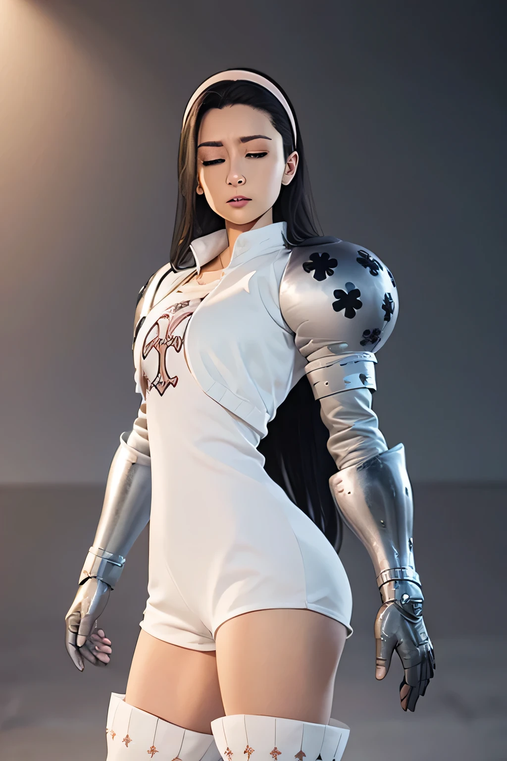 eagle with eyes closed,diadema, short jacket, white jacket, white dress, short dress, Gauntlets, thigh high boots, big thighs,diadema, full armor, Shoulder armor, Armored boots,d cup breasts,waist 50cm and hip 80cm.