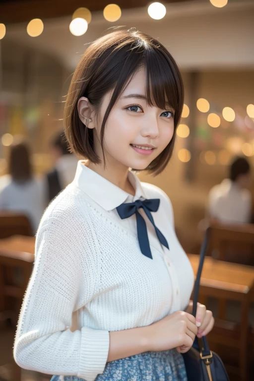 (8k, RAW photo, highest quality, masterpiece:1.2), (realistic, photo-realistic:1.37), super detailed,
1 girl,cute, alone,beautiful and detailed sky,Detailed cafe,night,sitting,date,(blush your nose),(smile:1.1),(closed mouth),big breasts, seductive smile, wide opening, professional lighting, Sony α7R4, Zessie 50mm F1.8,
medium breasts,detailed and beautiful eyes,(collared shirt:1.1), bow tie,pleated skirt,(short hair:1.2),floating hair