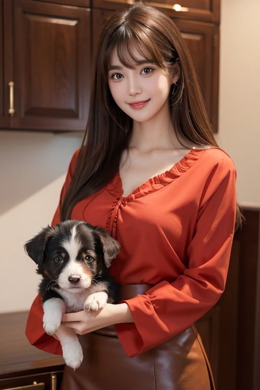 highest quality, masterpiece, Super high resolution, Photoreal, 1 girl, off shoulder, laughter、Holding a puppy、dog play