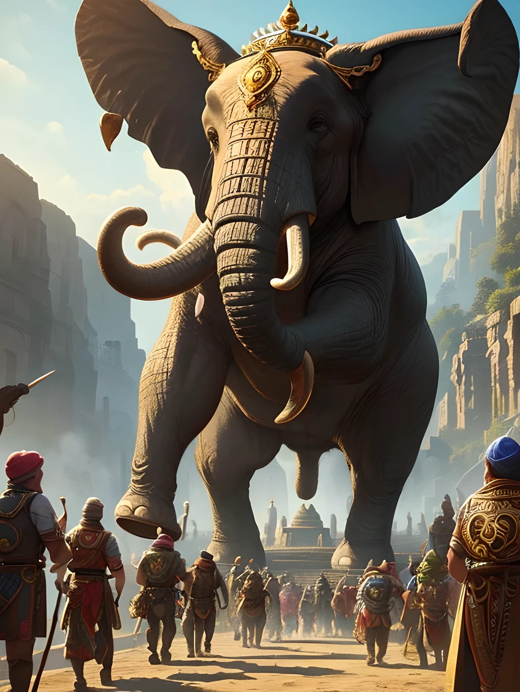 Elephant wearing a crown on his head with people in the background々A painting of, Giant Elephant King, King of Elephants, Inspired by Tanks，
Ram Chandra Shukla, Beautiful art illustrations, Epic fantasy card game art, By Wayne England, Epic full-color illustrations, Max Dosendi, Winner, epic digital art illustration, Symmetrical epic fantasy art