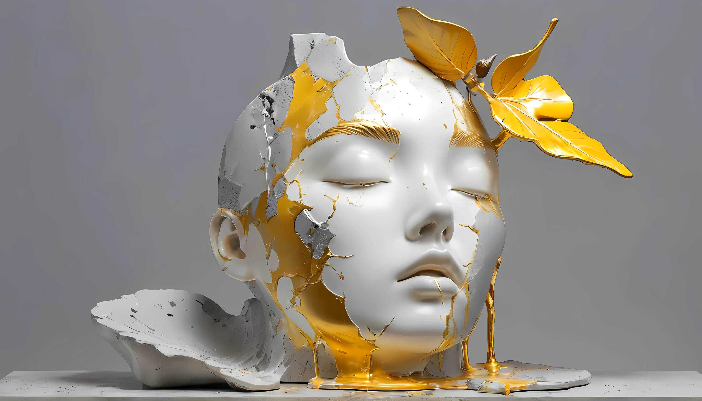 ((show,Still Life Table,Artistic statues,3D Sculpture,ceramics,Surface cracks,Shattered Texture)), Show the beauty of nature.Kaneko,Golden powder, This artwork is presented on a grey background,Emphasize its artistic quality.