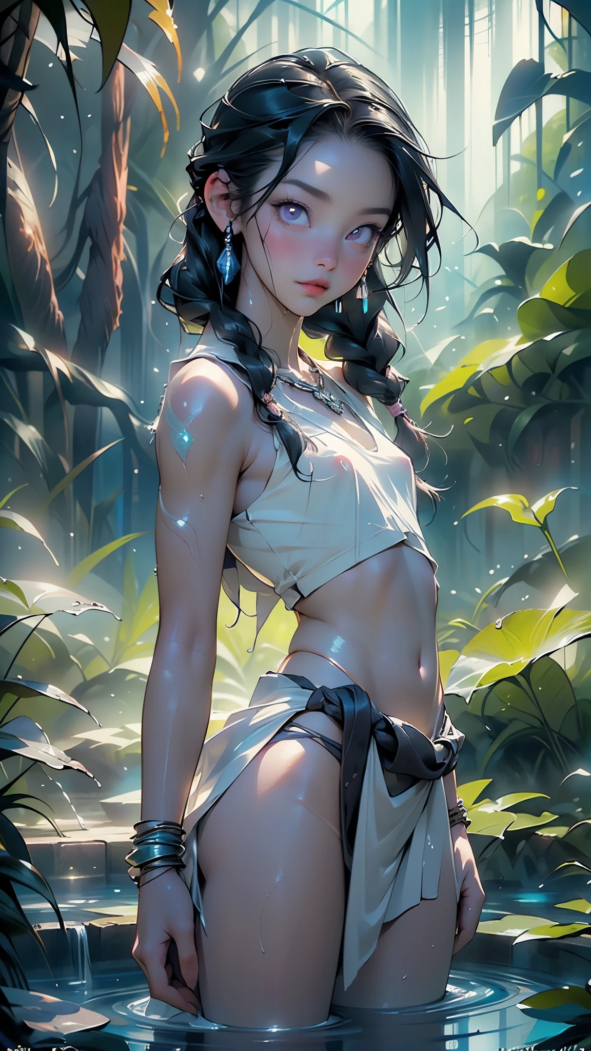 ((best quality)), ((masterpiece)), (detailed), Beautiful 12 year old western girl, ((young girl, very young, )), long hair, pale skin, thin, collarbone, In a forest, wild clothes, NSFW, small breasts, prominent collarbones, skinny arms, flat stomach, visible hip bones, long hair, red hair, white hair, blonde hair, dark hair, ponytail, thick ponytail, blush, NSFW Fluttering lace frilly petticoats, pleated petticoats、((from adove))