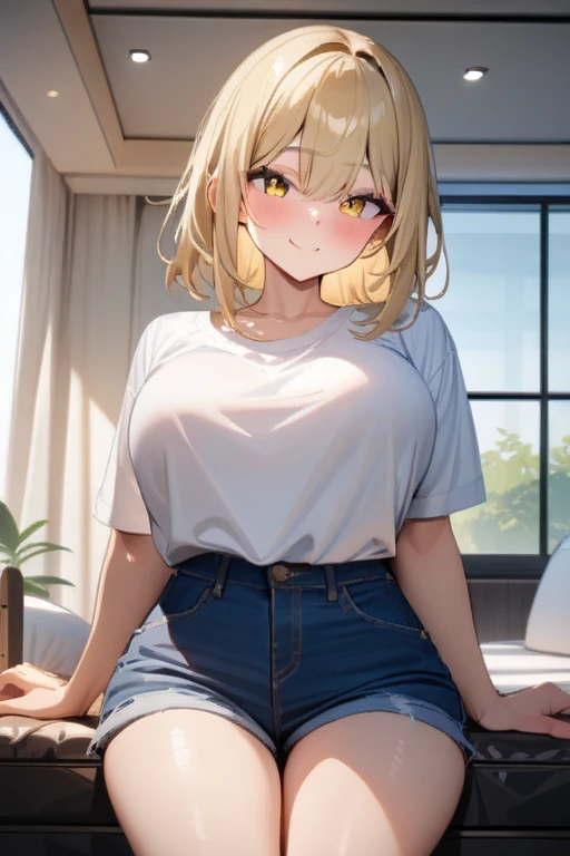 create A 20 YEAR OLD WOMAN, BRUNETTE, BLONDE HAIR, WITH A SMILE, PERFECT BODY, Brazilian style, medium breasts, sitting on the sofa in the living room, wearing jeans and a t-shirt