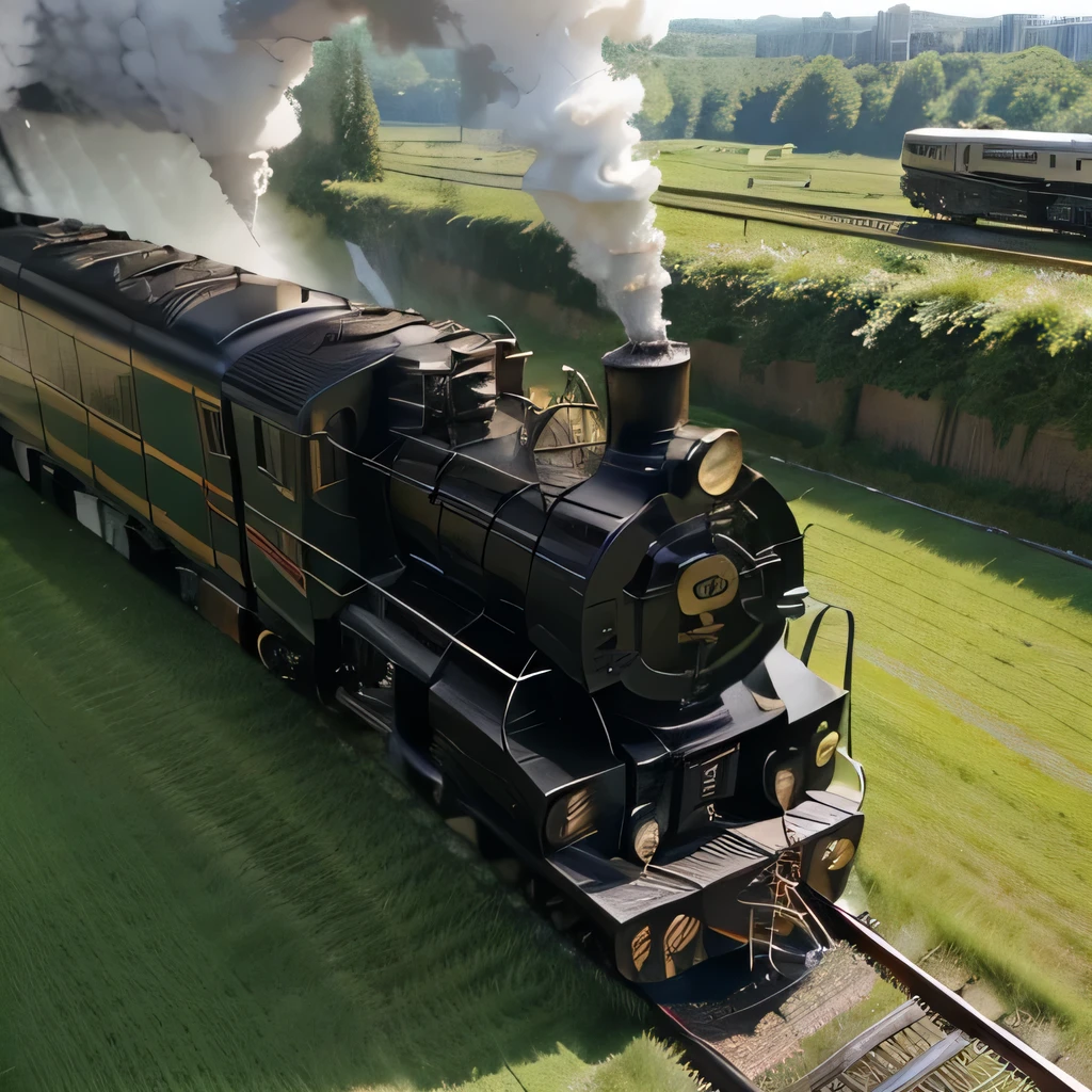 best quality, ultra-detailed, realistic, (locomotive plastic model:1.4), (lighting, steam1.6), grass