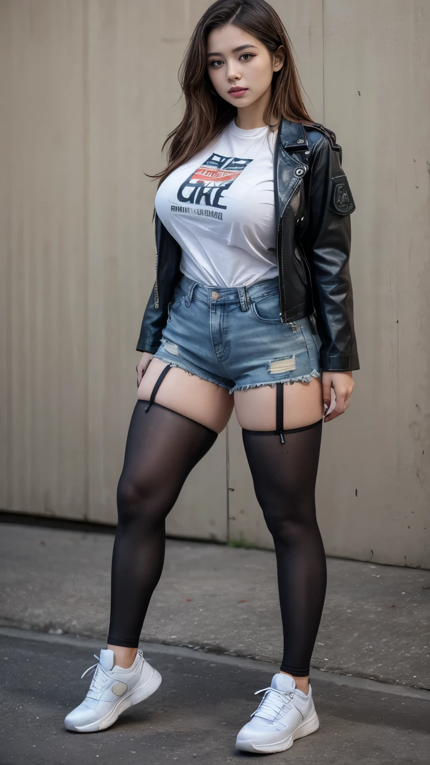 A sexy woman with big breasts, athletic body, thick thighs, wearing denim shorts, tights, sneakers, a long-sleeved t-shirt, and a military tactical leather jacket.