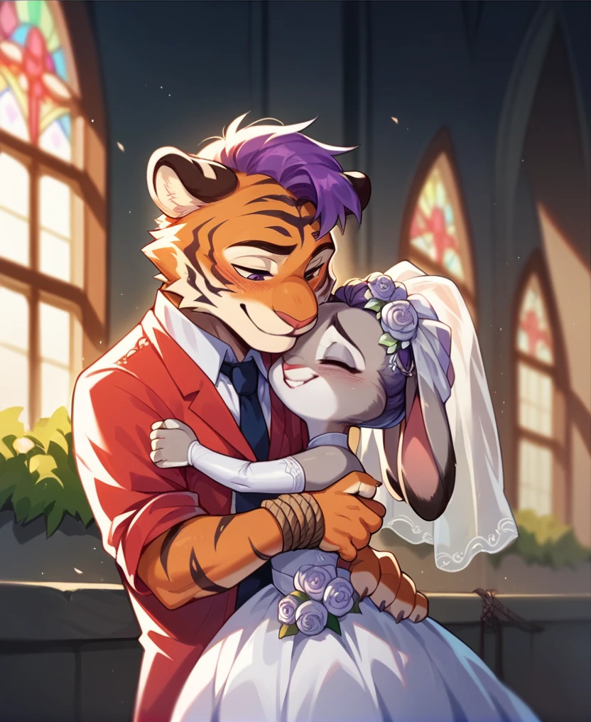 Judy Hopps、The little rabbit has purple hair,  child , Hair tied up, Wedding Dress, The background is a church,Tiger adult male,Hugging and having sex,