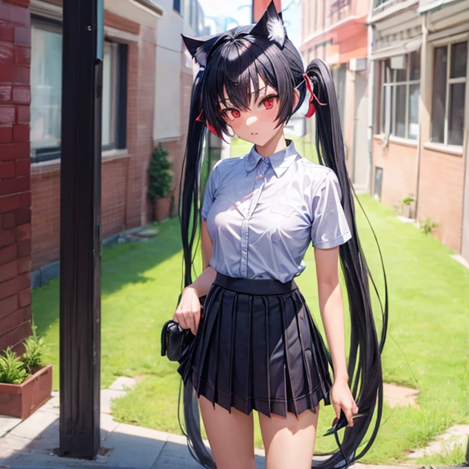 (best quality, masterpiece:1.2), 1 girl, mischievous smile, (medium breasts:1.4), (erectile nipple:1.4), dog ears on head, schoolgirl, excited girl, submissive girl, black hair, medium hair, beautiful eyes, yellow eyes, glasses, nude, spread legs, up skirt, black skirt, mini skirt, wet pussy, show pussy, background in abandoned building,