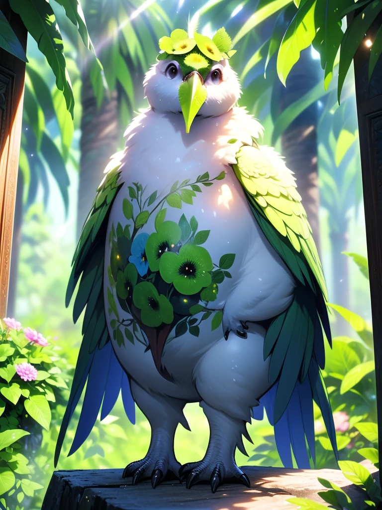 Solo, furry, male owlbear, huge body, nude, big gut, lying on grass, bloated squirming belly