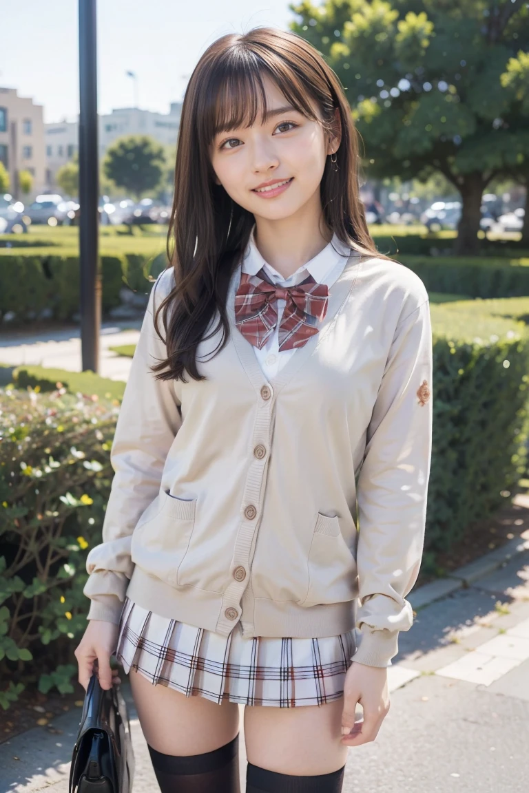 (extremely detailed face), detailed realistic skin texture, ((smile)), 1girl, young woman, 17yo, detailed beautiful eyes, beautiful doe eyes, pretty shiny lips, BREAK school girl, ((overly long sleeves brown cardigan)), ((white blouse, bowtie, plaid pattern pleats miniskirt, black thighhighs, loafer)), (front), large Breasts, ((outdoor, in park)), BREAK (best quality, absolutely resolution, ultra detailed, masterpiece), (photo realistic), 8K, natural lighting, realistic shading