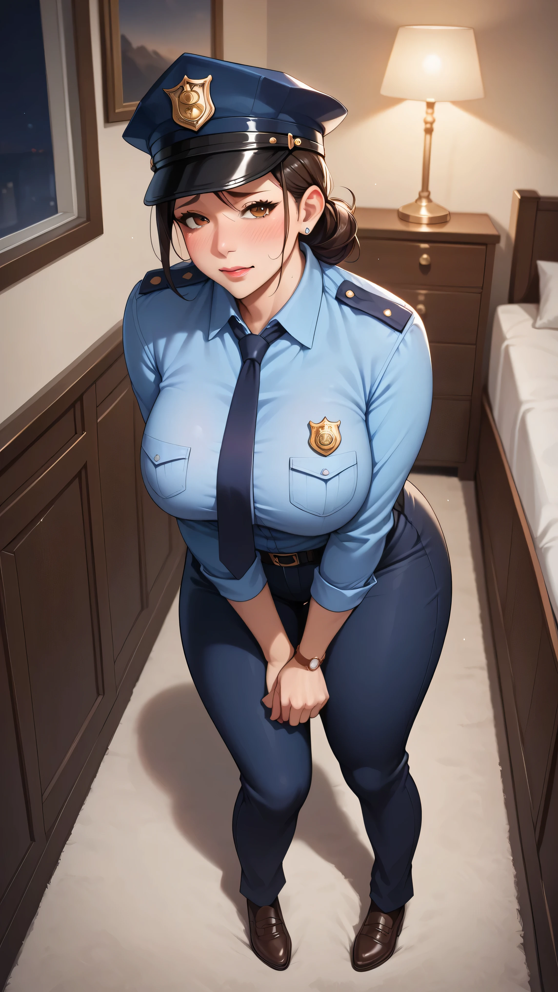 top half of female police officer body, perfect breasts, arms behind back, looking at viewer, scared expression:1.3