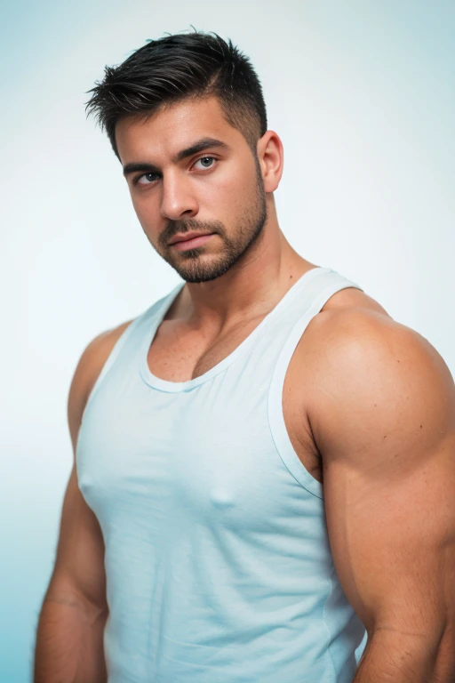 1man, 
a 30 y.o muscular male, small beard, gloomy eyes, blue eyes, undercut haircut, concentrated expression, wearing a tank top, white background,
soft lighting, 
masterpiece, best quality, 8k uhd, dslr, film grain, Fujifilm XT3 photorealistic painting art by midjourney and greg rutkowski