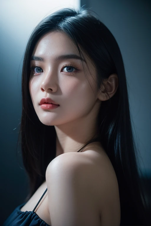 8K, Top Quality, Intricate Details, Ultra Detail, Ultra High Resolution, Masterpiece, ((close up shot, face shot, close up shot, portrait, face shot, passport shot, very close up shot, )), (full body: 1.1), Slender, Smile, ((smirk)) , smile, smirk, (Makeup: 0.4), ((,)), (Fluffy blue Eyes: 1.21), (()), 1girl, solo, 1 girl, ((, ,bangs, blue hair, bangs, long hair, bangs, messy hair )), close up shot, , ((tall)), (((fit body))), (((slim face))), sharp face, ((, wind blow hair, )) , (detailed face), sharp face, small lips, ((naked, nude, )), , (( )), detailed face, detailed breast, , ((detailed nipples)), detail ass, Narrow Waist, Skinny, tall , 175 cm tall, Muscular, Navel, Exposed Abdomen, Pointed Chest,, Beautiful girl with accentuated slender abs: 1.4, Six Pack Abs: 1.4, Bust Botox, Big, Perfect Body, detail leg, (( dark background)), black background,