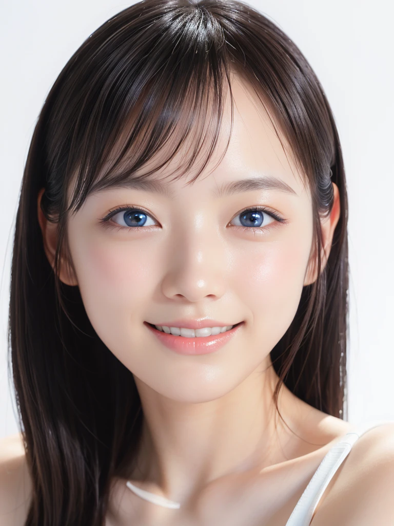 See-through tops、Big Breasts、cleavage,NAKED Camisole、bare shoulders,(White wall as background、Some of her hair is sky blue:1.4)、White wall、In front of a white door、(A room with a white wall and a window)、((Highest quality、8K、masterpiece:1.3))、Ultra-high resolution、(photoGenuineistic:1.4)、RAW Photos、Japanese,(face)、Genuine、Photographed in natural light、Highly detailed face and skin texture、Highly detailed lips、The correct state of the human body、short Hair、Black Hair、bangs,Various poses、Natural color lip,droppy big eyes,toothy big smile,cameltoe