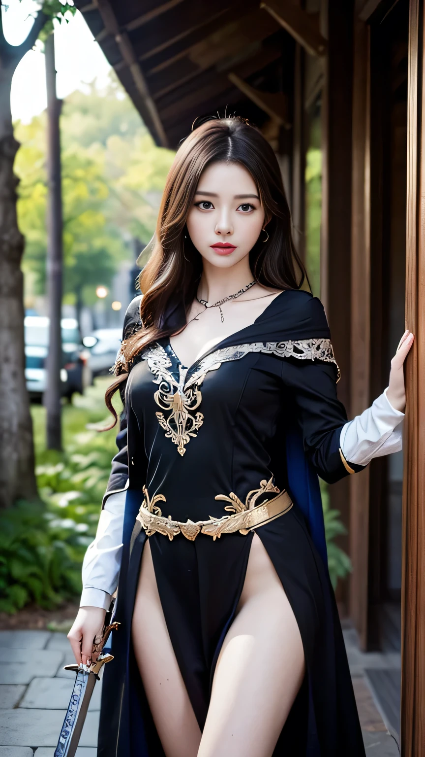 (masterpiece)、(Best Quality:1.2)、((Super detailed:1.2))、(RAW Photos:1.2)、Large file size、High resolution、Very detailed one girl、Sword-wielding wizard's daughter、Alluring、sexy、Eros、Beautiful Face、Detailed and perfect face、(Large, even eyes)、(round face)、(Droopy eyes)、Cute face、Perfect proportions、Busty、Narrow waist、navel、Big Ass、Crotch gap、sexy太もも、Dynamic pose、Change the pose、Dynamic Angle、Vibrant purple hair and red eyes、In his right hand he holds a shining sword、Its body is light and agile.、sexy、Old castle、Large Lake、Big Mountain
