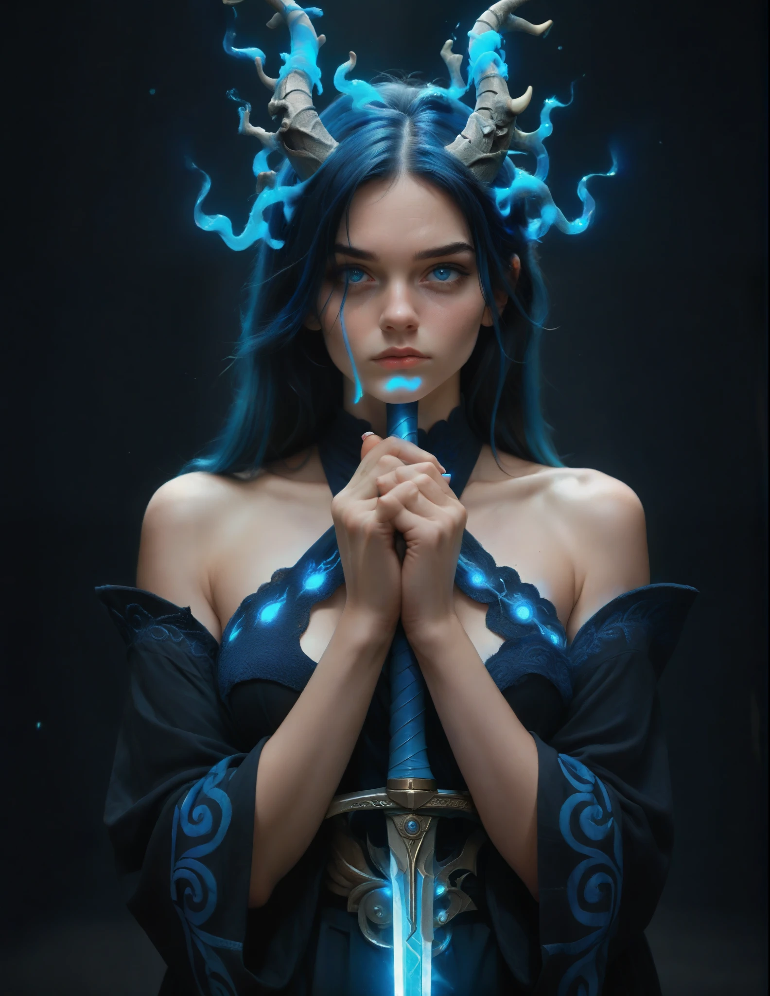Digital fantasy artwork featuring a female character with a striking and intense appearance. The character has long, flowing black hair with blue highlights and piercing blue eyes. She has pale skin and is adorned with black, horn-like protrusions on her head. Her attire is minimal and appears to be made of a dark, organic material with blue glowing accents, covering parts of her body in an intricate pattern. She wields two swords, both emitting a blue glow, adding to the mystical and powerful aura of the character. The background is abstract, with a mix of dark and light tones, enhancing the dramatic and otherworldly atmosphere of the scene.