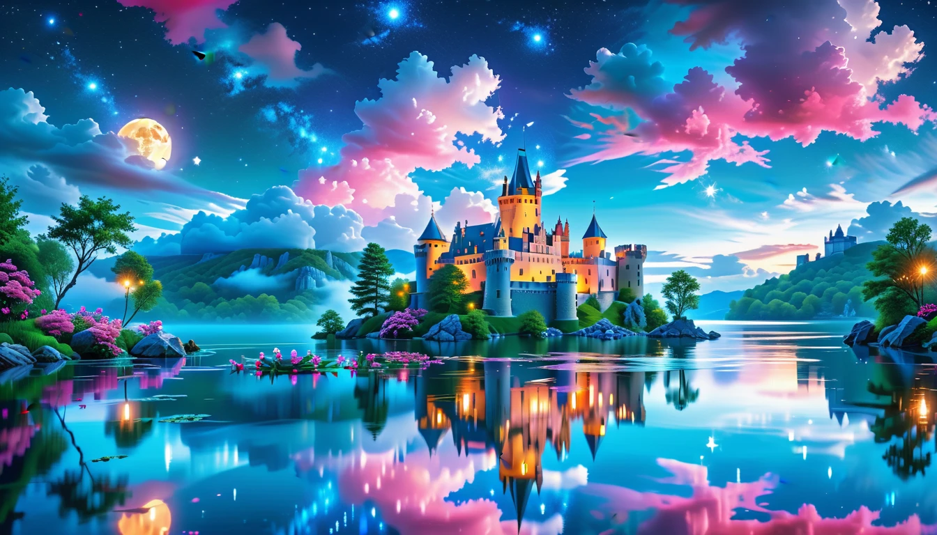 A Masterpiece In 32K Resolution: Supreme Quality, Super Detail, Official Art, Very High-Resolution 32K Wallpaper, Beautiful And Aesthetic, Ultra-Detailed Features, Awe-Inspiring Detail. A Picturesque Scene Of Stunning Castles Illuminated Under A Starry Night Sky, Gracefully Nestled By A Serene Lake. Some Of The Castles Appear To Float On The Water's Surface, Creating A Magical Atmosphere. Wispy Clouds Drift Through The Sky, Adding To The Romance Of The Moment. Majestic Dragons Soar Gracefully Above, While Vibrant Pink Flowers Bloom Along The Lakeshore, Enhancing The Enchanting Beauty Of This Dreamlike Setting.