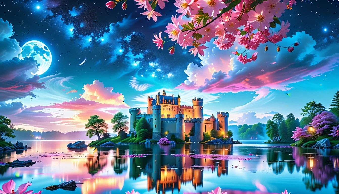 A Masterpiece In 32K Resolution: Supreme Quality, Super Detail, Official Art, Very High-Resolution 32K Wallpaper, Beautiful And Aesthetic, Ultra-Detailed Features, Awe-Inspiring Detail. A Picturesque Scene Of Stunning Castles Illuminated Under A Starry Night Sky, Gracefully Nestled By A Serene Lake. Some Of The Castles Appear To Float On The Water's Surface, Creating A Magical Atmosphere. Wispy Clouds Drift Through The Sky, Adding To The Romance Of The Moment. Majestic Dragons Soar Gracefully Above, While Vibrant Pink Flowers Bloom Along The Lakeshore, Enhancing The Enchanting Beauty Of This Dreamlike Setting.