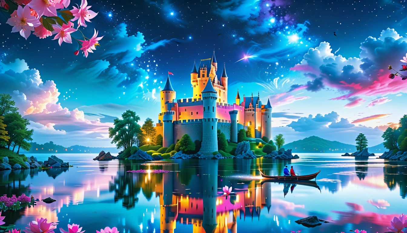 A Masterpiece In 32K Resolution: Supreme Quality, Super Detail, Official Art, Very High-Resolution 32K Wallpaper, Beautiful And Aesthetic, Ultra-Detailed Features, Awe-Inspiring Detail. A Picturesque Scene Of Stunning Castles Illuminated Under A Starry Night Sky, Gracefully Nestled By A Serene Lake. Some Of The Castles Appear To Float On The Water's Surface, Creating A Magical Atmosphere. Wispy Clouds Drift Through The Sky, Adding To The Romance Of The Moment. Majestic Dragons Soar Gracefully Above, While Vibrant Pink Flowers Bloom Along The Lakeshore, Enhancing The Enchanting Beauty Of This Dreamlike Setting.