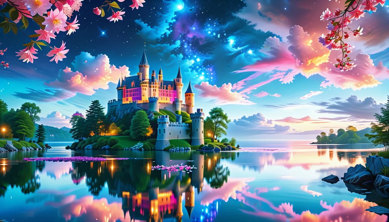 A Masterpiece In 32K Resolution: Supreme Quality, Super Detail, Official Art, Very High-Resolution 32K Wallpaper, Beautiful And Aesthetic, Ultra-Detailed Features, Awe-Inspiring Detail. A Picturesque Scene Of Stunning Castles Illuminated Under A Starry Night Sky, Gracefully Nestled By A Serene Lake. Some Of The Castles Appear To Float On The Water's Surface, Creating A Magical Atmosphere. Wispy Clouds Drift Through The Sky, Adding To The Romance Of The Moment. Majestic Dragons Soar Gracefully Above, While Vibrant Pink Flowers Bloom Along The Lakeshore, Enhancing The Enchanting Beauty Of This Dreamlike Setting.