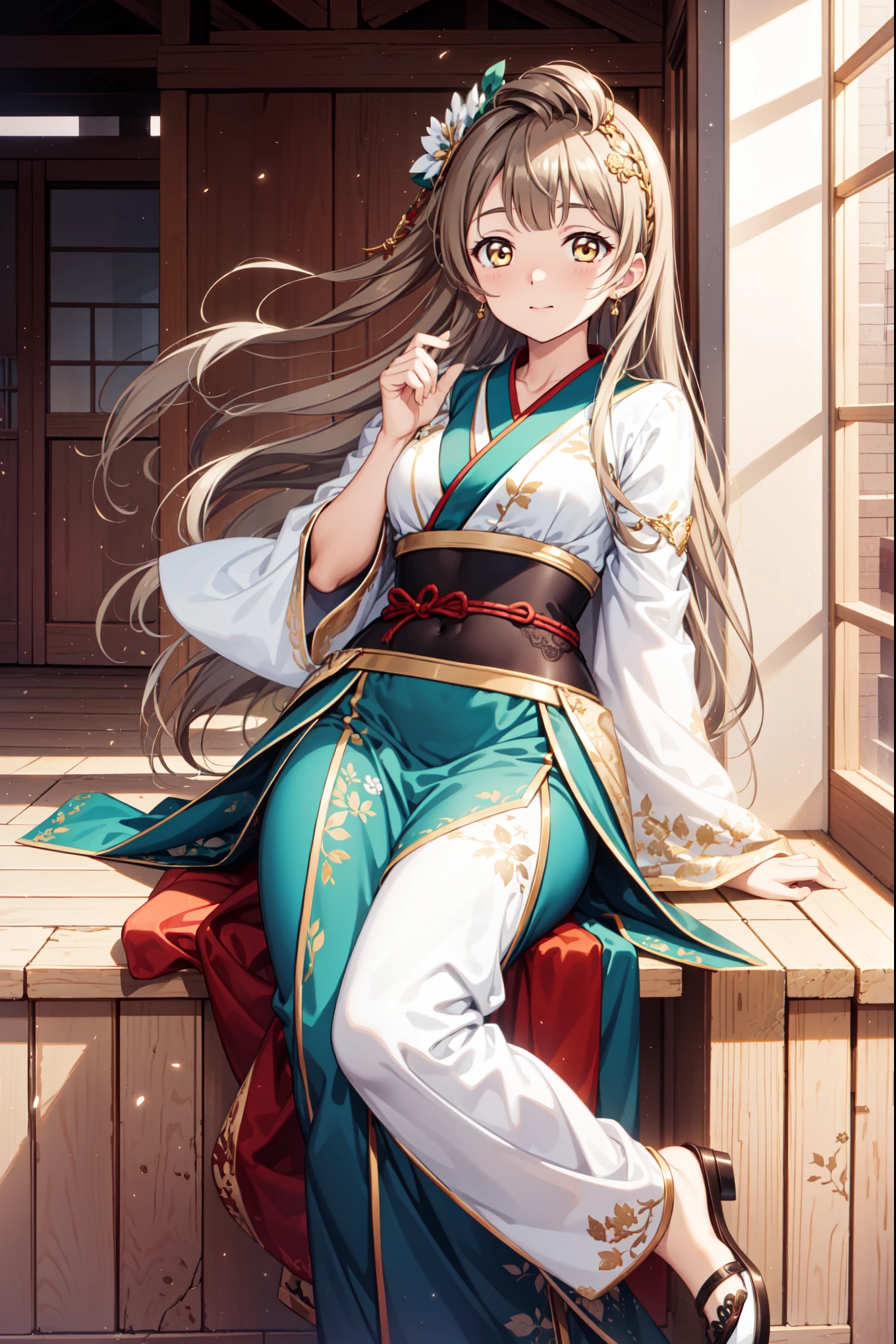 Minami Kotori,High-resolution masterpiece quality, Unity 8k wallpaper illustration, Golden Eyes,Brown hair,Fabric headdress, Rich facial details, Highly detailed CG, Light makeup,Lace,charm,Hanfu,Reasonable human body