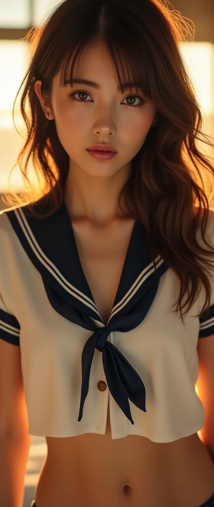 Perfect composition, Proper placement, Above the knee shot, Beautiful Japanese Women, Brown Hair, Wavy Hair:1.21, brown eyes:1.21, Clear Eyes,  Perfect beauty, Makeup, Pink lipstick:0.98, Perfect Anatomy, Small Head, Classic sailor uniforms from prestigious Tokyo Metropolitan High Schools, White Uniform, Short-sleeved sailor uniform:1.21, sera fuku:1.21, The jacket is a uniform, Underneath are panties, I can see your belly, Navy blue thong shorts, Perfect beauty, In the abandoned school, sexy, orgasm, Ecstasy, The setting sun shines in, dust, steam, Emotional and dynamic dramatic lighting, 