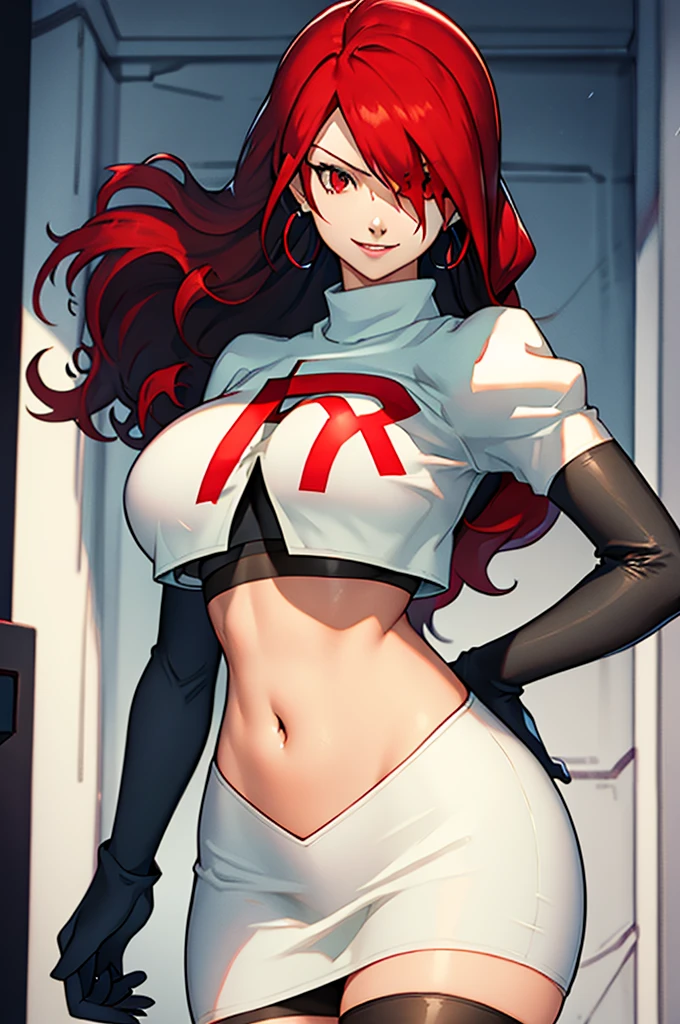 Persona3Mitsuru, red hair, hair over one eye ,glossy lips , Team rocket, team rocket uniform, red letter R, white skirt,white crop top,black thigh-high boots, black elbow gloves, evil smile, earrings, large breasts