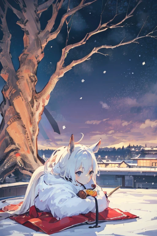 Relaxing in a kotatsu while eating mandarin oranges 🍊There's a pure white horse next to me I'm friends with the pure white horse I'm riding the pure white horse It's a cold winter night 🏔️powder snow swirling ⛄️winter night,saigyou_ayakashi,bare_tree