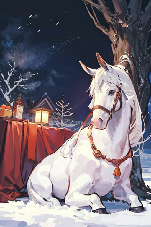 Relaxing in a kotatsu while eating mandarin oranges 🍊There's a pure white horse next to me I'm friends with the pure white horse I'm riding the pure white horse It's a cold winter night 🏔️powder snow swirling ⛄️winter night,saigyou_ayakashi,bare_tree