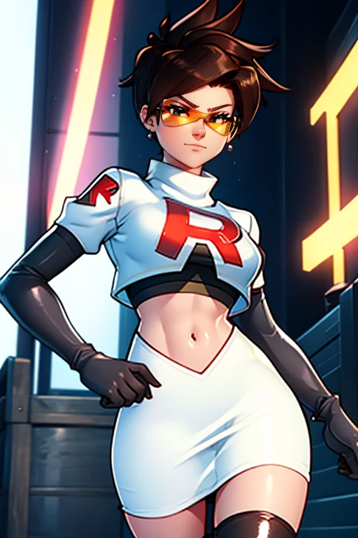 Tracer, goggles ,brown hair ,earrings, glossy lips ,team rocket uniform, red letter R, white skirt,white crop top,black thigh-high boots, black elbow gloves, evil smile, night sky background