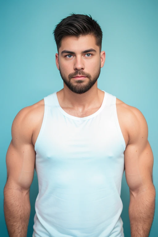 1man, 
a 30 y.o muscular male, small beard, gloomy eyes, blue eyes, undercut haircut, concentrated expression, wearing a tank top, white background,
soft lighting, 
masterpiece, best quality, 8k uhd, dslr, film grain, Fujifilm XT3 photorealistic painting art by midjourney and greg rutkowski