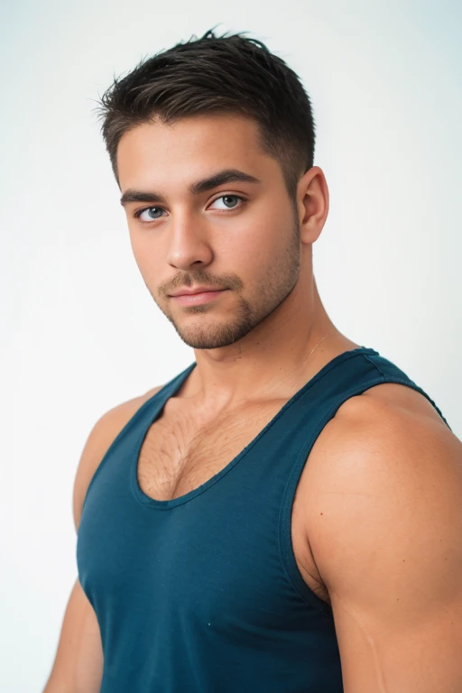 1man, 
a 30 y.o muscular male, small beard, gloomy eyes, blue eyes, undercut haircut, concentrated expression, wearing a tank top, white background,
soft lighting, 
masterpiece, best quality, 8k uhd, dslr, film grain, Fujifilm XT3 photorealistic painting art by midjourney and greg rutkowski