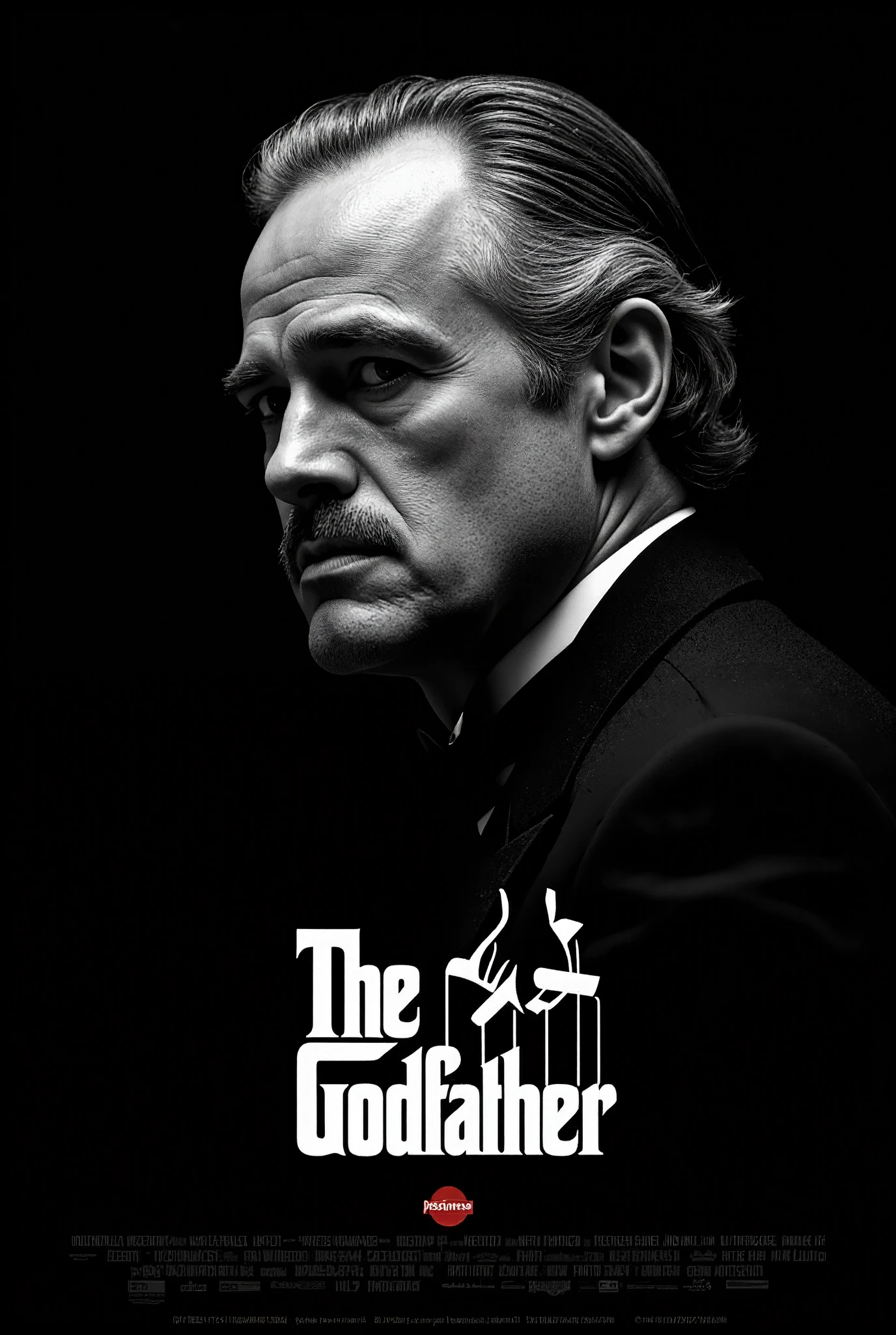 1man\(Vito Andolini Corleone\(the God Father\)\) is thinking something in the dark,logo of the movie\(the god father\),simple black background,Very effective poster of the movie\(the god father\),dark mood,black and white,close-up of man, film particles,grain