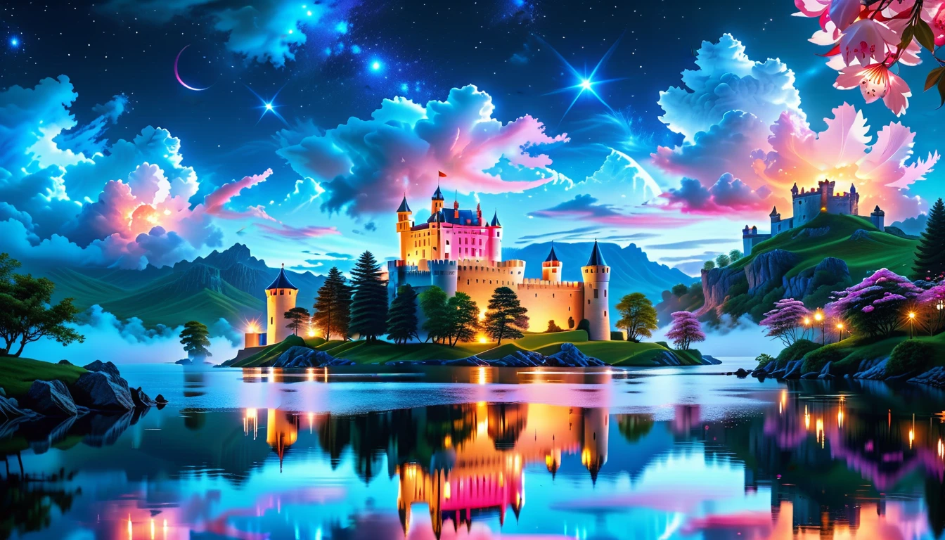 A Masterpiece In 32K Resolution: Supreme Quality, Super Detail, Official Art, Very High-Resolution 32K Wallpaper, Beautiful And Aesthetic, Ultra-Detailed Features, Awe-Inspiring Detail. A Picturesque Scene Of Stunning Castles Illuminated Under A Starry Night Sky, Gracefully Nestled By A Serene Lake. Some Of The Castles Appear To Float On The Water's Surface, Creating A Magical Atmosphere. Wispy Clouds Drift Through The Sky, Adding To The Romance Of The Moment. Majestic Dragons Soar Gracefully Above, While Vibrant Pink Flowers Bloom Along The Lakeshore, Enhancing The Enchanting Beauty Of This Dreamlike Setting.