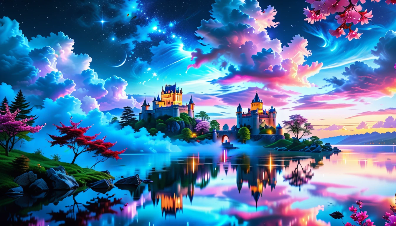 A Masterpiece In 32K Resolution: Supreme Quality, Super Detail, Official Art, Very High-Resolution 32K Wallpaper, Beautiful And Aesthetic, Ultra-Detailed Features, Awe-Inspiring Detail. A Picturesque Scene Of Stunning Castles Illuminated Under A Starry Night Sky, Gracefully Nestled By A Serene Lake. Some Of The Castles Appear To Float On The Water's Surface, Creating A Magical Atmosphere. Wispy Clouds Drift Through The Sky, Adding To The Romance Of The Moment. Majestic Dragons Soar Gracefully Above, While Vibrant Pink Flowers Bloom Along The Lakeshore, Enhancing The Enchanting Beauty Of This Dreamlike Setting.