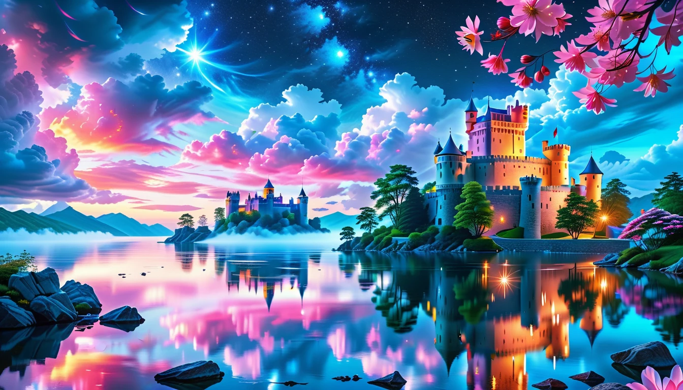 A Masterpiece In 32K Resolution: Supreme Quality, Super Detail, Official Art, Very High-Resolution 32K Wallpaper, Beautiful And Aesthetic, Ultra-Detailed Features, Awe-Inspiring Detail. A Picturesque Scene Of Stunning Castles Illuminated Under A Starry Night Sky, Gracefully Nestled By A Serene Lake. Some Of The Castles Appear To Float On The Water's Surface, Creating A Magical Atmosphere. Wispy Clouds Drift Through The Sky, Adding To The Romance Of The Moment. Majestic Dragons Soar Gracefully Above, While Vibrant Pink Flowers Bloom Along The Lakeshore, Enhancing The Enchanting Beauty Of This Dreamlike Setting.