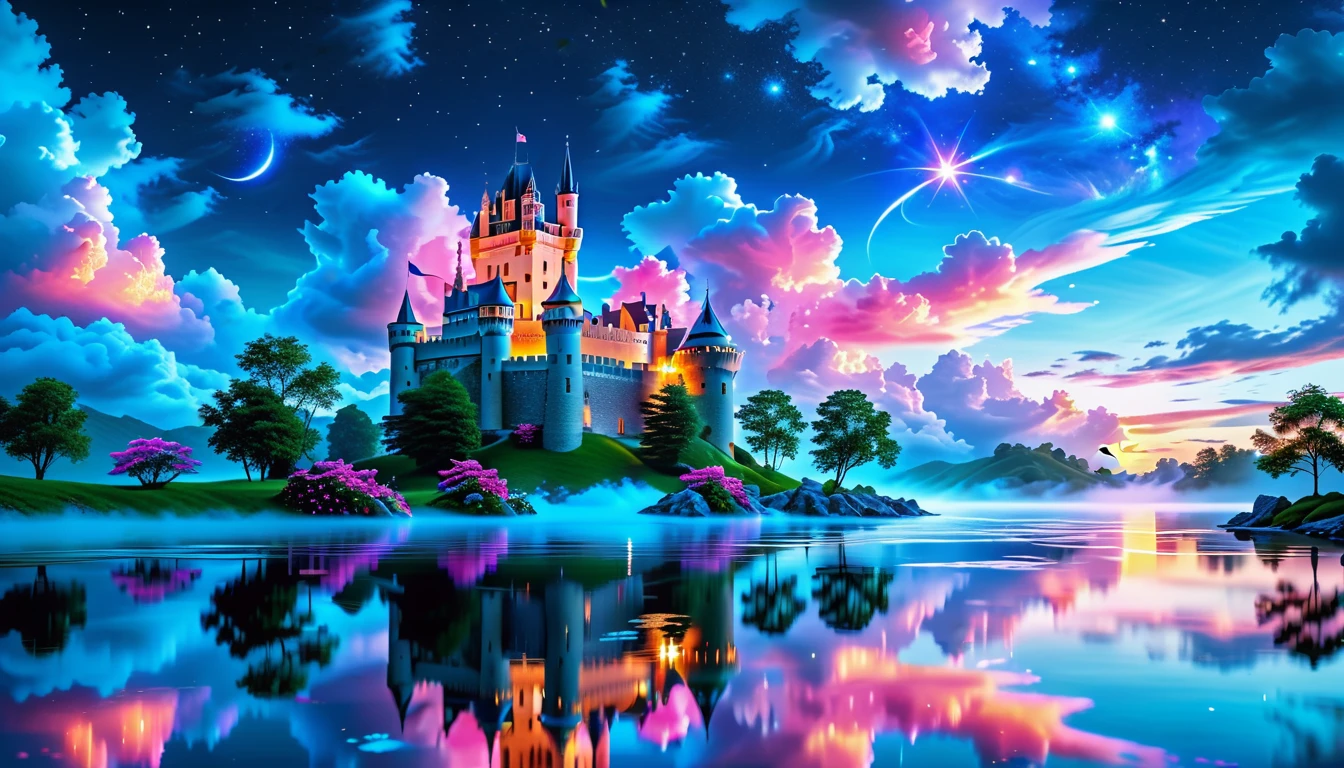 A Masterpiece In 32K Resolution: Supreme Quality, Super Detail, Official Art, Very High-Resolution 32K Wallpaper, Beautiful And Aesthetic, Ultra-Detailed Features, Awe-Inspiring Detail. A Picturesque Scene Of Stunning Castles Illuminated Under A Starry Night Sky, Gracefully Nestled By A Serene Lake. Some Of The Castles Appear To Float On The Water's Surface, Creating A Magical Atmosphere. Wispy Clouds Drift Through The Sky, Adding To The Romance Of The Moment. Majestic Dragons Soar Gracefully Above, While Vibrant Pink Flowers Bloom Along The Lakeshore, Enhancing The Enchanting Beauty Of This Dreamlike Setting.